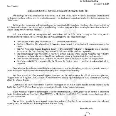 Adjustments to School Activities & Support Following the Tai Po Fire